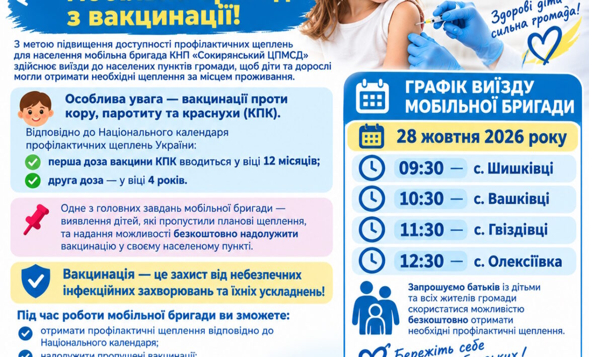 У Сокирянському ЦПМСД продовжує роботу мобільна бригада з вакцинації!